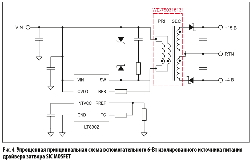 Упрощенная принципиальная схема вспомогательного 6-Вт изолированного источника питания драйвера затвора SiC MOSFET